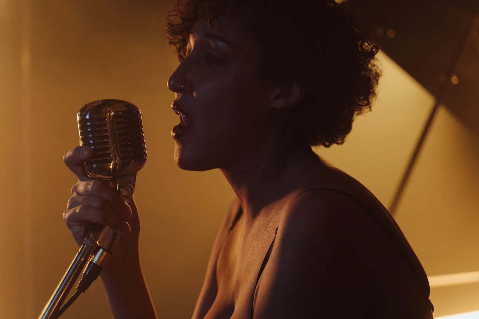 Cantora de perfil canta em microfone vintage sob luz quente, em ambiente pequeno (imagem ilustrativa)