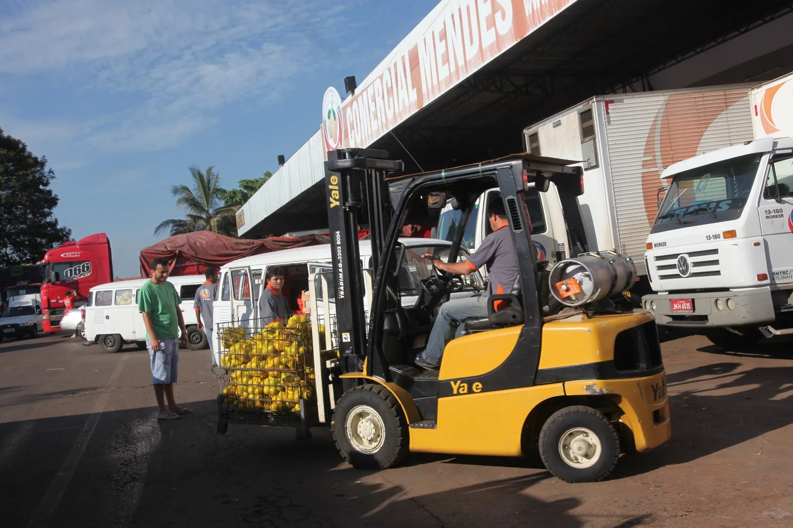 Empilhadeira carrega caixas de fruta numa doca da Ceasa-DF, com caminhões ao fundo, em foto de arquivo
