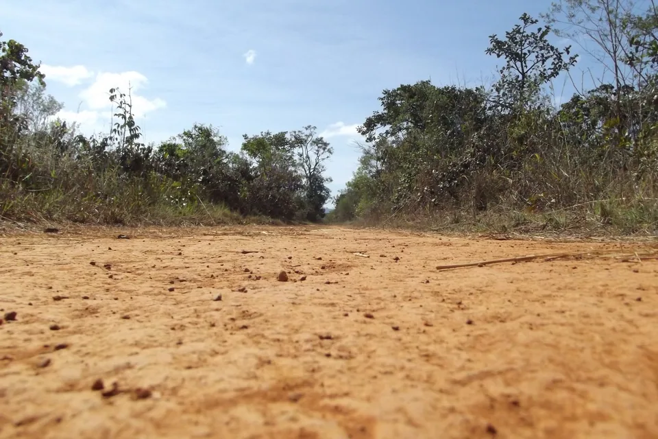 Trilha de terra vermelha cercada de vegetação de Cerrado na área Cristal Água, no Parque Nacional de Brasília