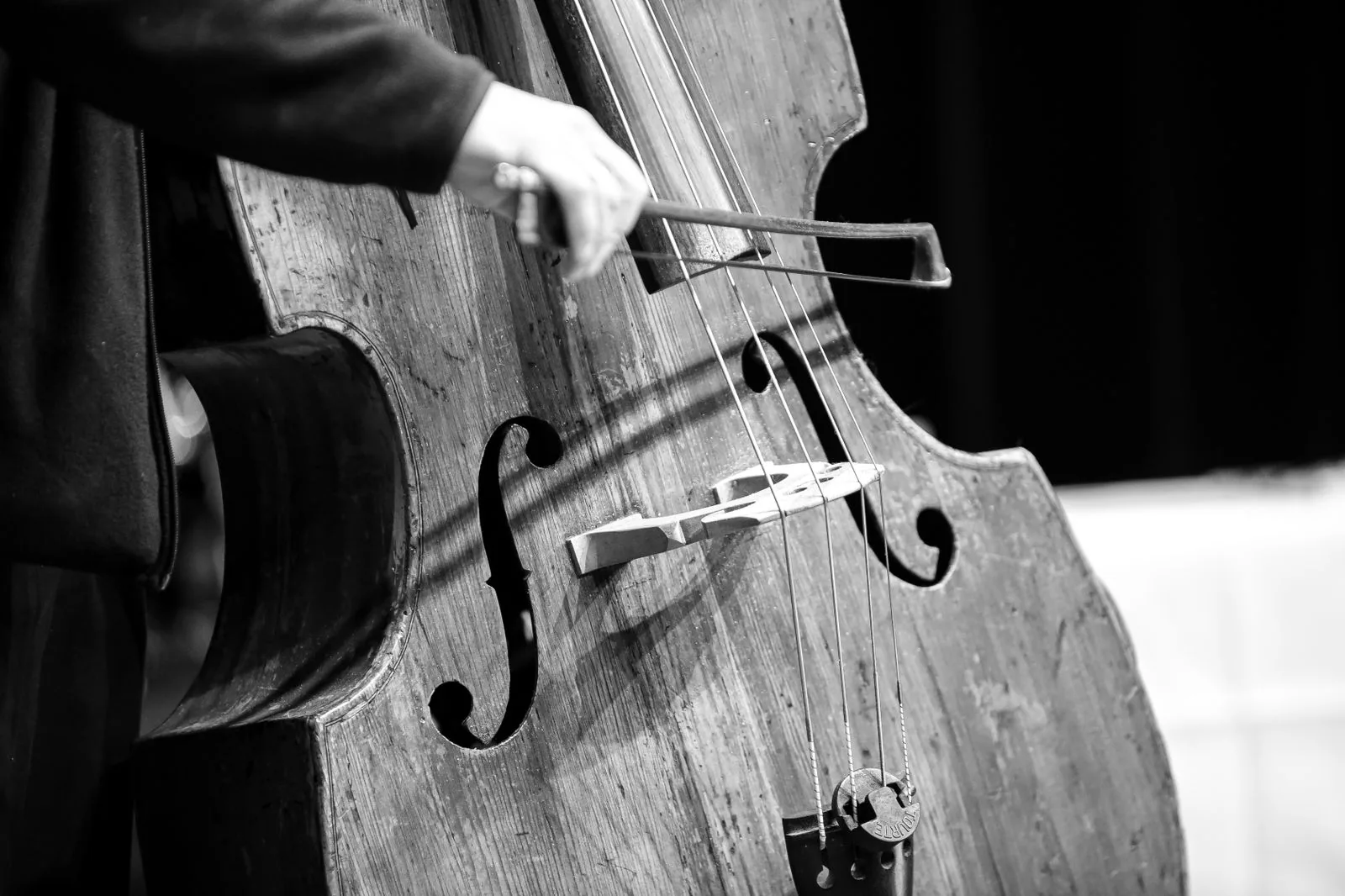 Contrabaixo acústico em preto e branco, com a mão segurando o arco sobre as cordas