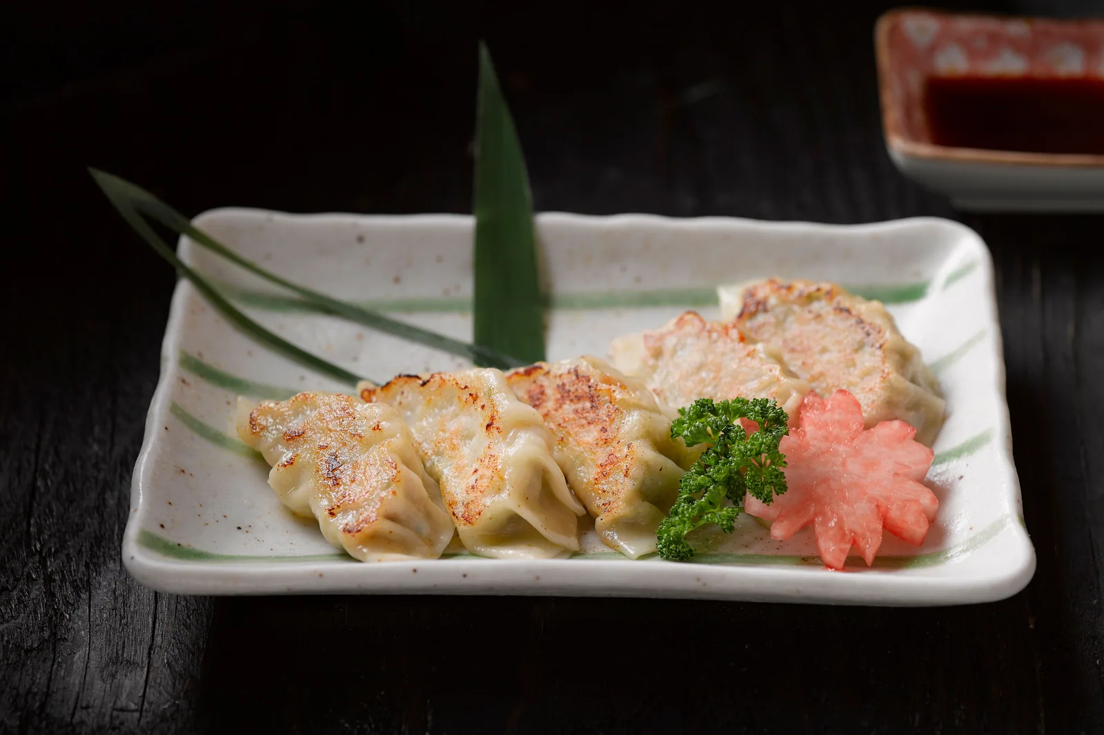 Gyozas douradas em prato retangular branco, com folha verde e guarnição rosa, sobre mesa escura (foto de banco, não é do restaurante)
