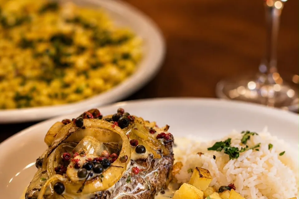 Filé com molho cremoso, cebola e pimenta-rosa, acompanhado de arroz e batatas