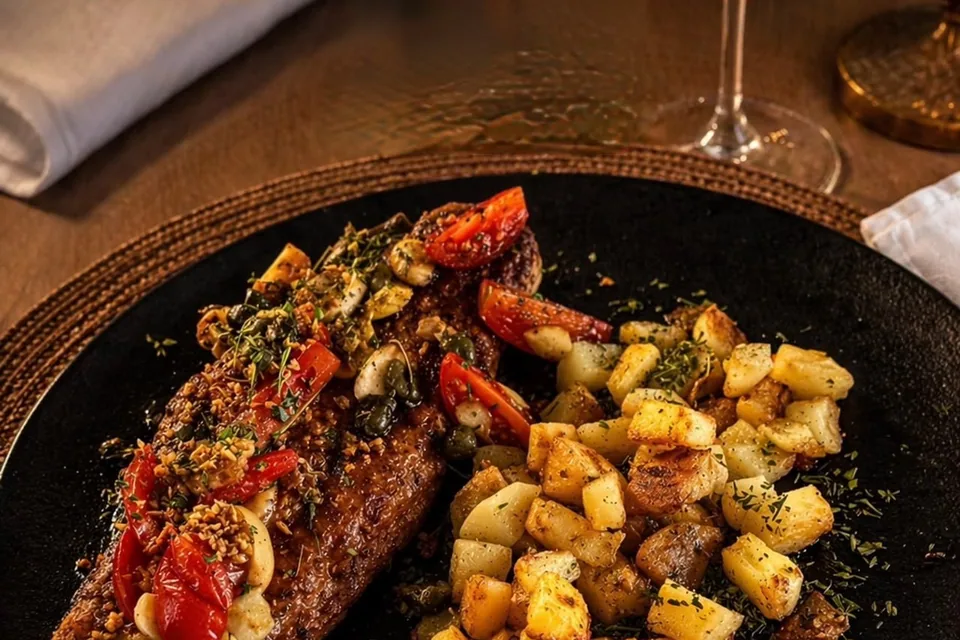 Filé com tomate, alho e alcaparras e batatas douradas