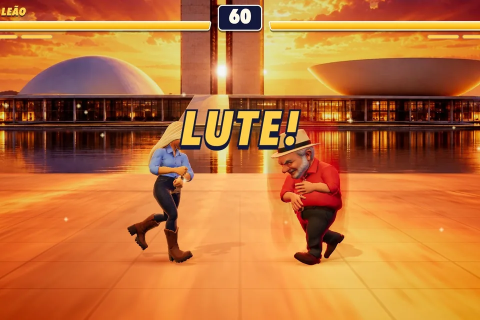 Arte do jogo Vota Brasília com caricaturas de Celina Leão e Leandro Grass frente a frente, com Lula e Flávio Bolsonaro ao fundo